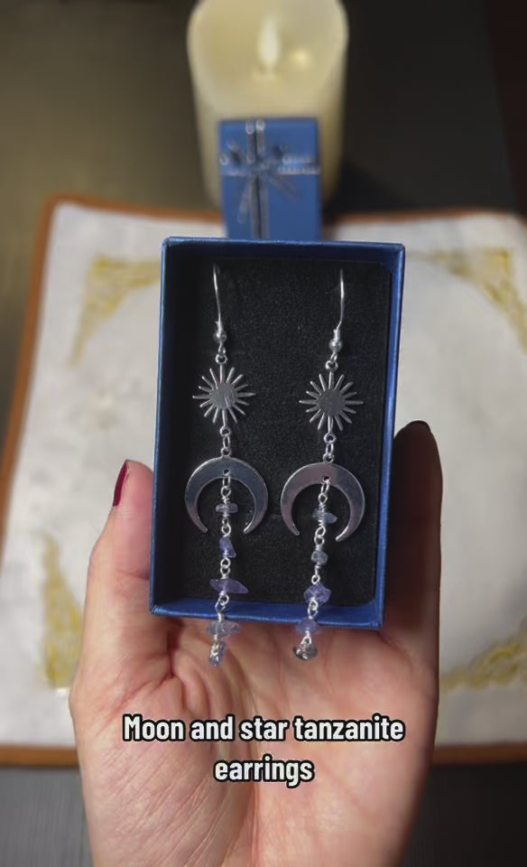 Load video: Moon and Star Tanzanite Earrings