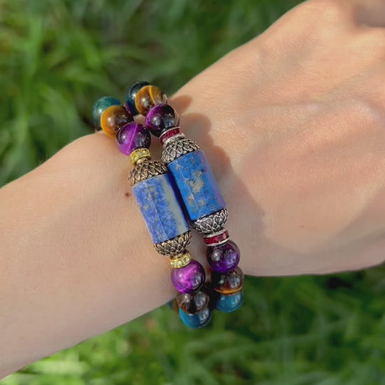 Tiger eye and lapis lazuli lotus bracelet
