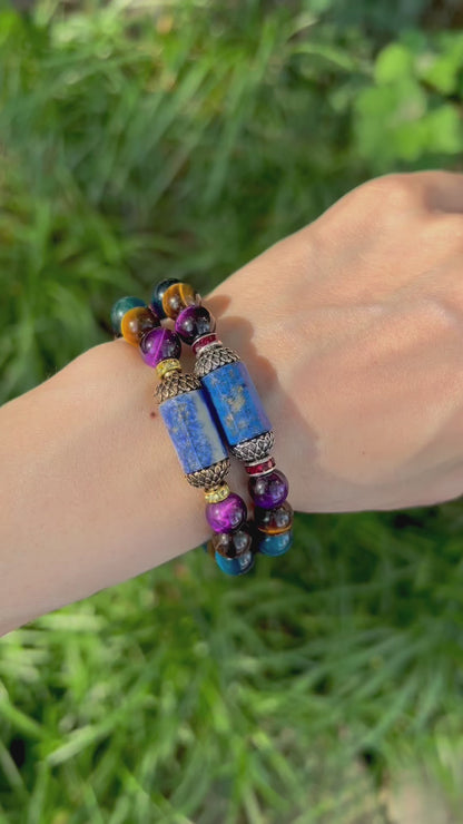 Tiger eye and lapis lazuli lotus bracelet